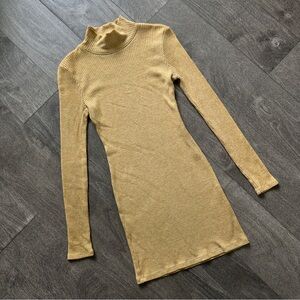 Double Zero Mustard Ribbed High Neck Long Sleeve Dress